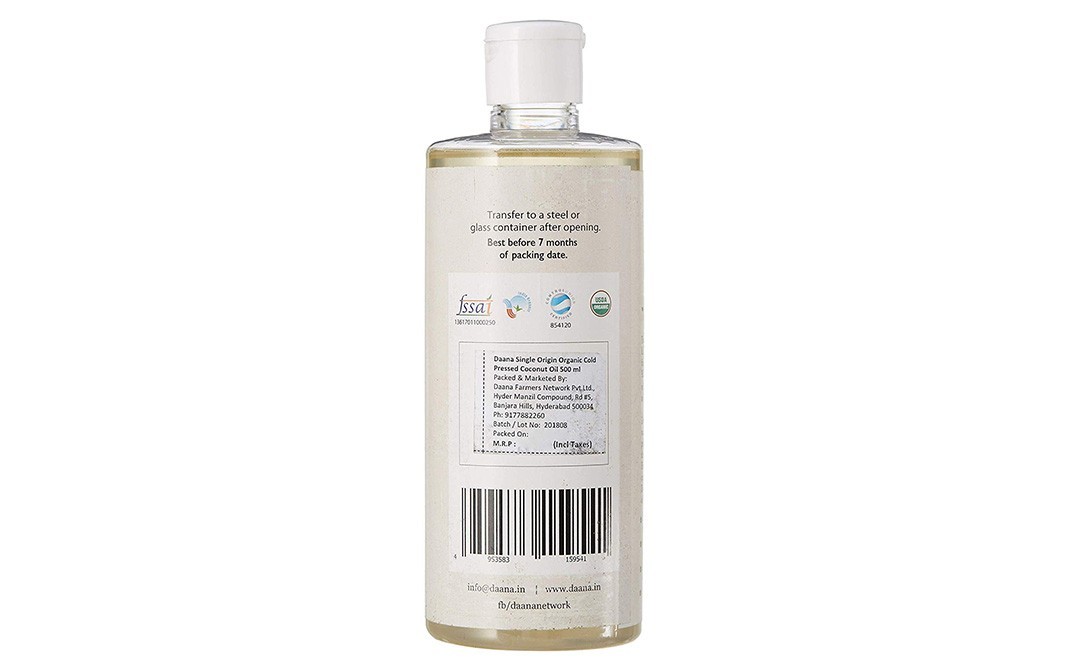 Daana Organic Coconut Oil (Cold Pressed)   Glass Bottle  500 millilitre